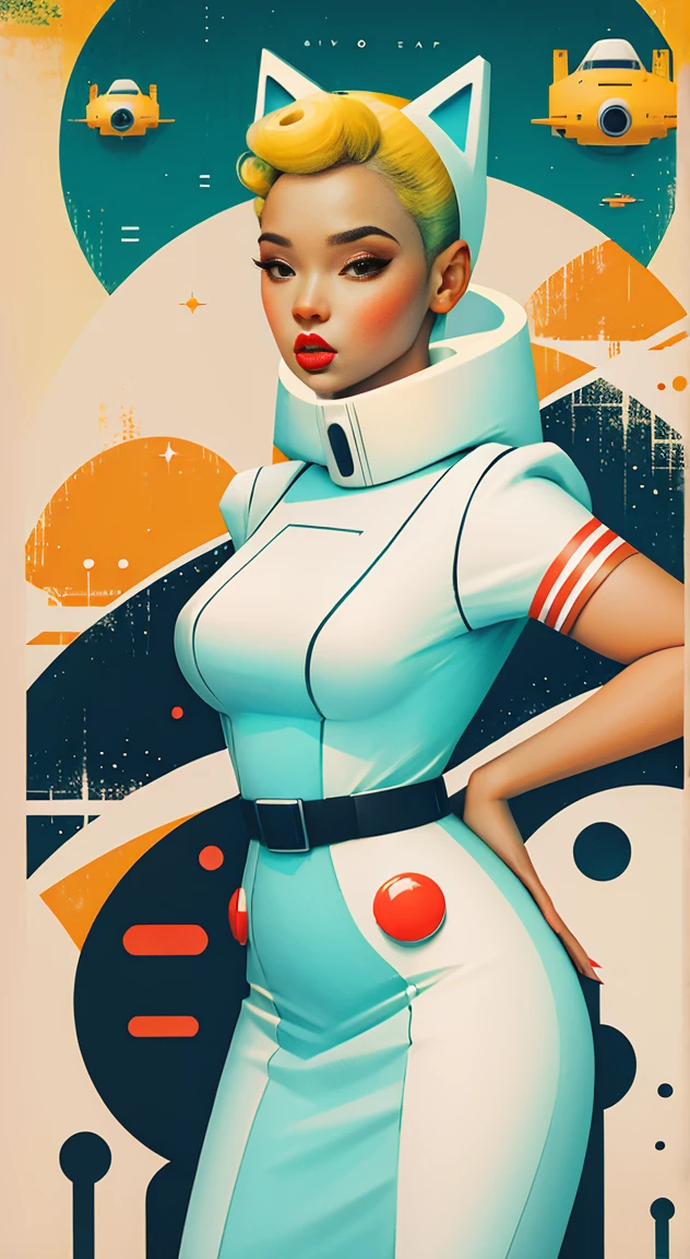 Retro SciFi Art,vintage,1Pinup girl in white techwear clothing,cat,geometric shapes and simple stripes on the background