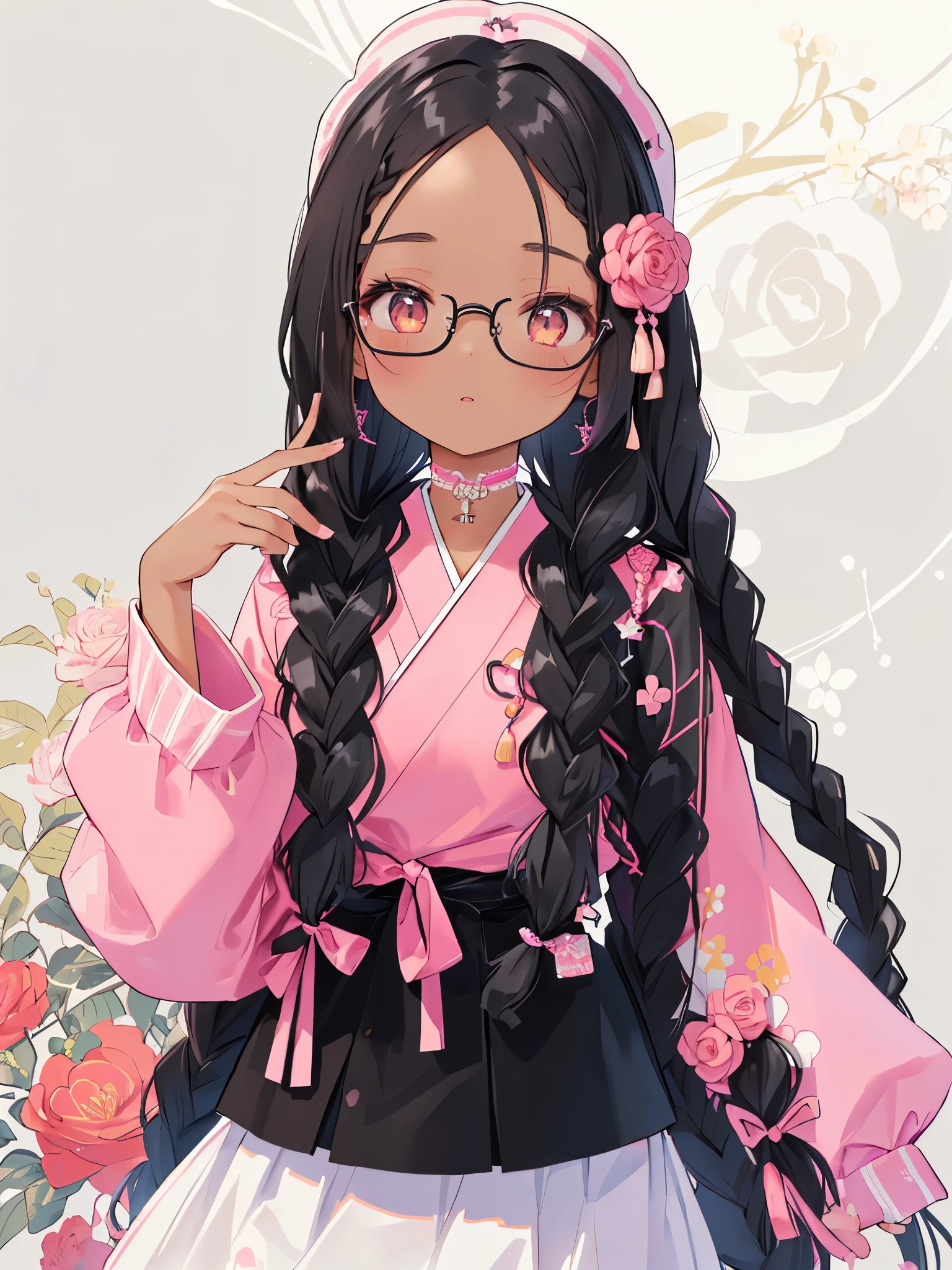 black woman, dark skin, tan, 4c, a woman with long black hair wearing a pink top and glasses, long black braids, twisted braids, elegant fantasy style braids, long black braided hair, long braided black hair, black hair in braids, with black pigtails, long braids, braided hair with roses, pigtails hairstyle, long braided hair on top of head, long flowing braided hair, girl with plaits, kawaii, doja cat, , neon clothes, portrait of japanese gyaru, very aesthetic!!!!!!