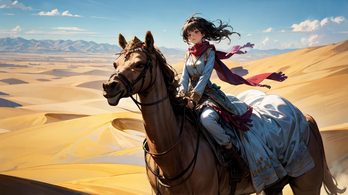 A captivating woman riding a camel in a desert setting, with a clear and detailed view of her face. She has a mysterious and ethereal aura, wearing traditional Gypsy attire. Her outfit includes a flowing dress with intricate patterns, colorful scarves, and adorned with jewelry. The scene includes the camel she is riding, and the desert backdrop features a clear blue sky with scattered clouds and ancient ruins in the distance. Ensure the overall atmosphere is magical and otherworldly.