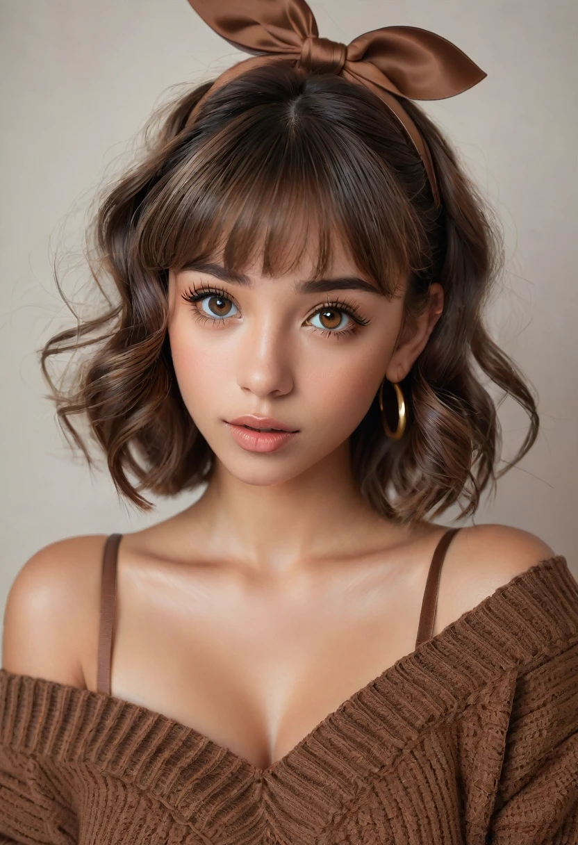 (best quality, 4k, highres, highres face details),18 yrs old, 1girl, solo, Instagram model, athletic figure, tan skin, perfect lips, fake lashes, modest bust size, deep cleavage, pretty face, wearing an off the shoulder brown sweater, wearing jean shorts, brown hair, short curly hair, crossed bangs, brown eyes, constricted pupils, hair ribbon, hoop earrings, cinematic lighting, Ultra-Wide Angle, Canon, Hyperrealism, UHD, masterpiece, textured skin, high details, best quality, detailed eyes, detailed iris, full body image