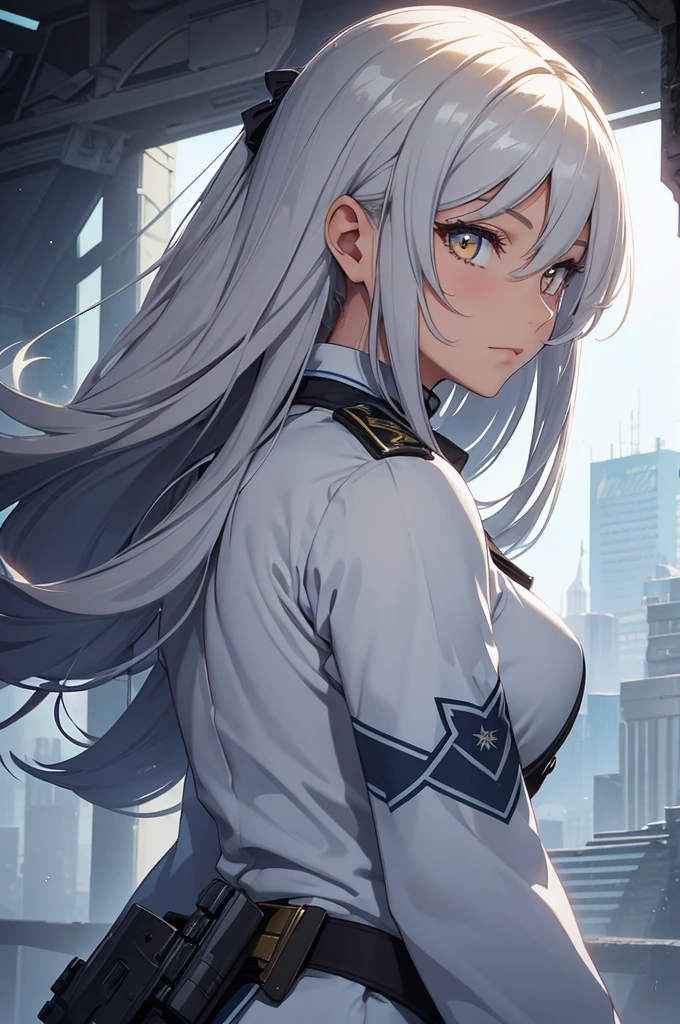 female soldier (masterpiece), best quality, yellow eyes, detailed light blue medium length hair, (((wearing a realistic and detailed soldier combat tactics uniform))) detailed perfect skin, intricate perfect beauty face, detailed sharp eyes, detailed eyes and pupils, (((from face to the waist))), (((beauty slim shape))), 4k, UHD
