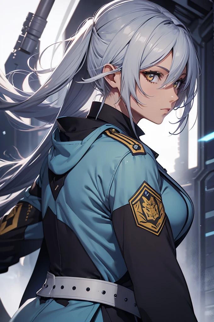 female soldier (masterpiece), best quality, yellow eyes, detailed light blue medium length hair, (((wearing a realistic and detailed soldier combat tactics uniform))) detailed perfect skin, intricate perfect beauty face, detailed sharp eyes, detailed eyes and pupils, (((from face to the waist))), (((beauty slim shape))), 4k, UHD