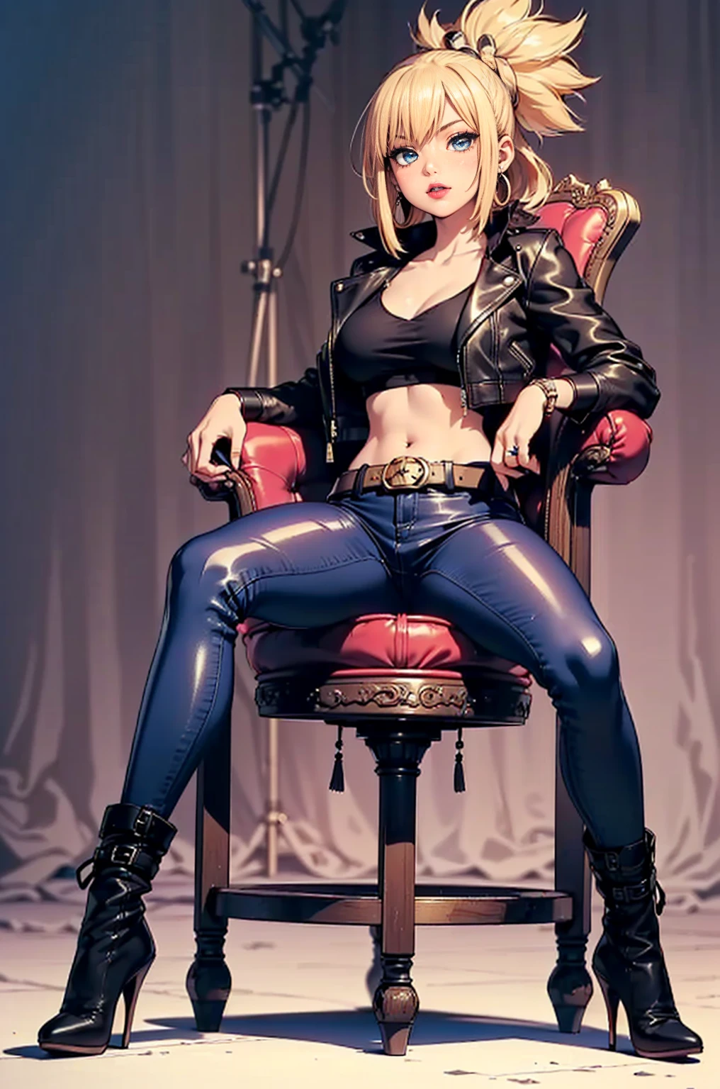 ((1woman, (solo, 1girl, alone), kohaku, blonde hair, blue eyes, tied hair)), smug, ((solo, (1woman, pink lipstick), Extremely detailed, ambient soft lighting, 4k, perfect eyes, a perfect face, perfect lighting, a 1girl)), austere, ((leather jacket, blue tank top, leather pants, belt with buckle, boots, high heels, high heels boots, sitting, throne, elegant, studio, backstage, dressing room, bracelets, earrings))