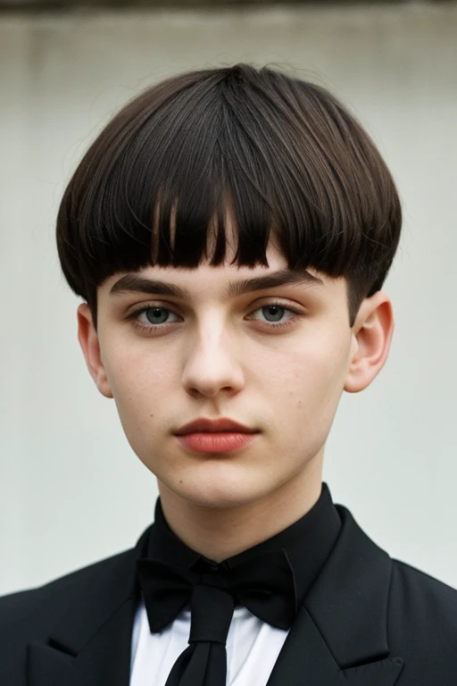 Look like Dasha Taran but like a guy in a black suit with a mushroom cut.