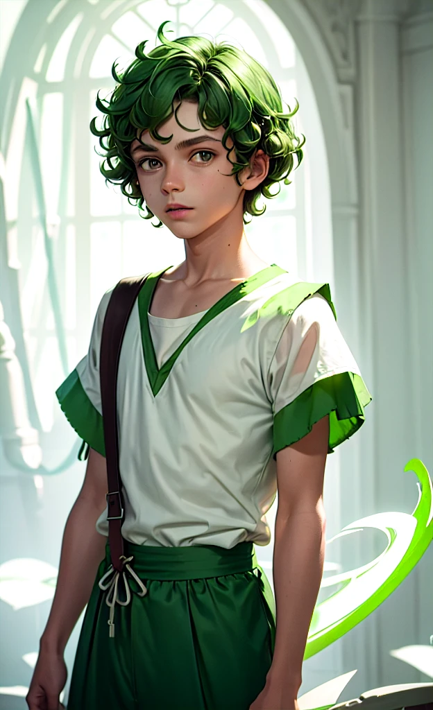 Peter Pan, short curly hair, offwhite, with green clothes
