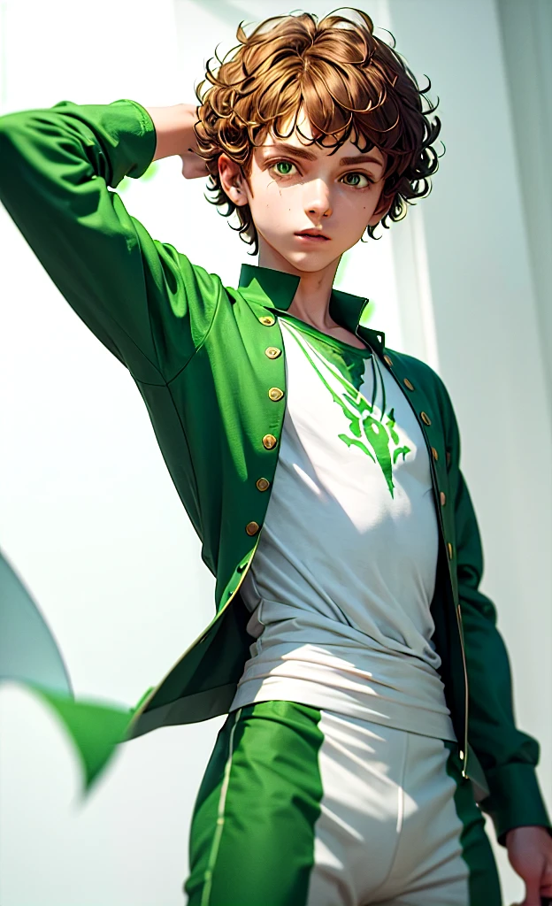 Peter Pan, short curly hair, offwhite, with green clothes