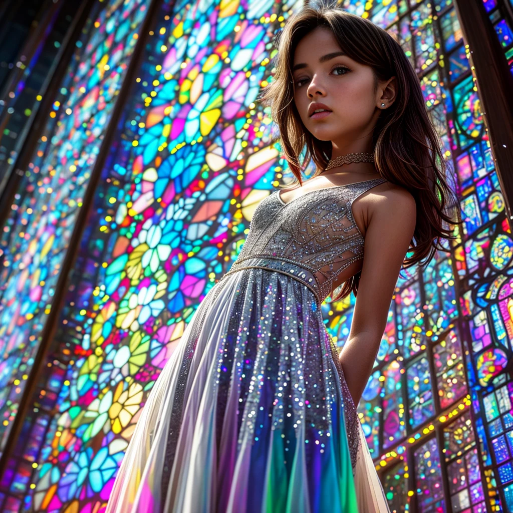 (Cathedral from below:1.28) (ZoomLayer) TopQuality 8K masterpiece of ((Professional photo)), (((Clarisse de Cagliostro))) (Detailed White WeddingDresses), Chain, (((Extremely detailed KAWAII face))) {((VeiledFace))|BlondeHair|(Elaborate BuleEyes)with(SparklingHighlights:1.28)}, The background is distant (((Elaborate stained glass))) Rainbow Glass, {(MysticSight)|EnchantingAtmosphere|Haze|(GodRays)|TyndallEffect}, Radiant PearlSkin with Transparency, (Exposed:0.39)