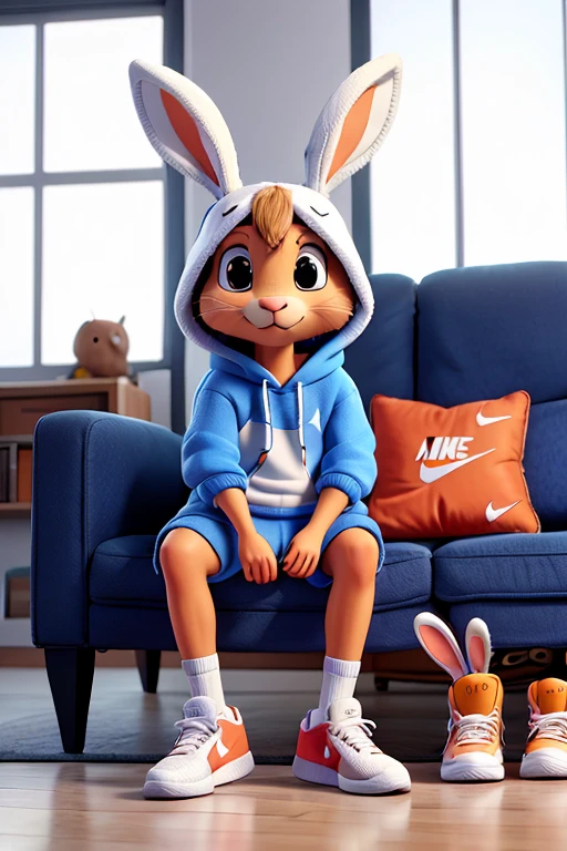 Rabbit wearing a hoodie and Nike Air Jordan sneakers sitting on the couch 