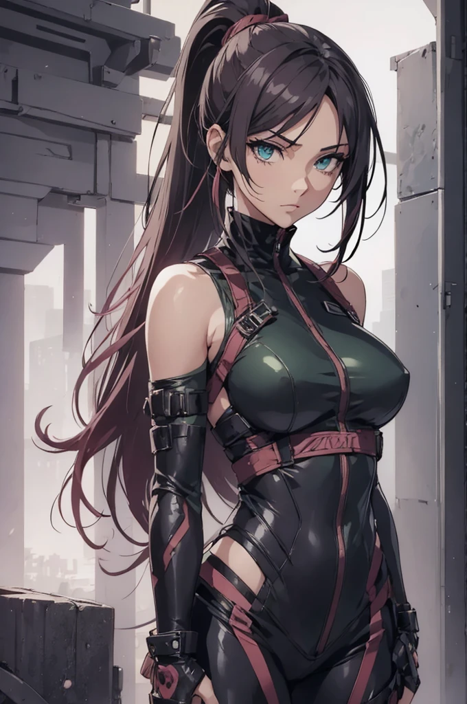 
1 kunoichi, fair skin, Green eyes, long dark pink hair, ponytail, eyes, ((detailed eyes:1.2)), medium breasts, wearing black ninja suit, sexy, sensual, open back, sleeveless, masterpiece, top quality, best quality, official art, beautiful and aesthetic:1.2), extreme detailed, colorful, highest detailed
