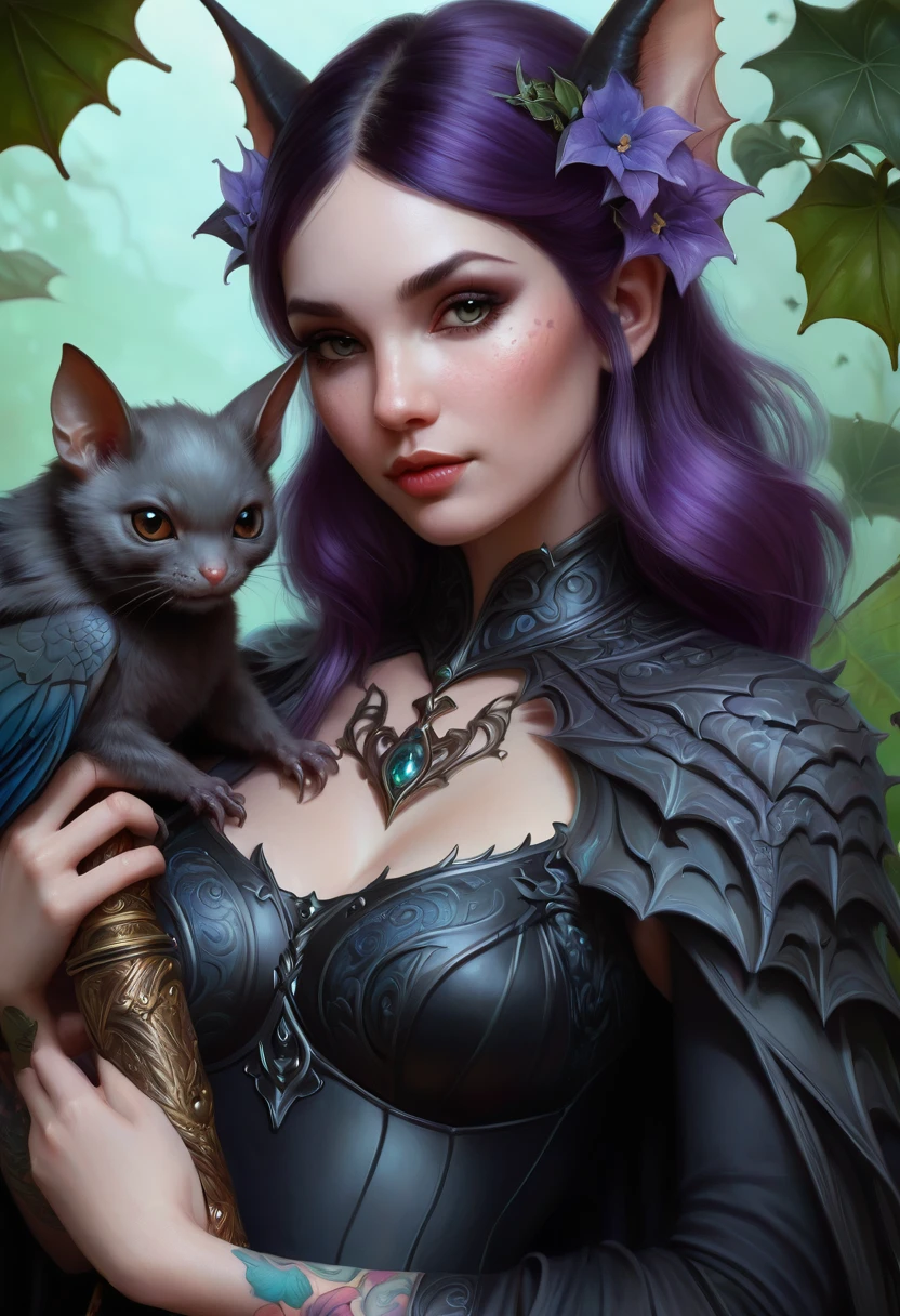 beautiful tattooed woman holding a cute bat, detail painting, cgsociety contest winner, fantasy, gothic, mystic, with ivy, 8 k detail fantasy, soft delicate dragon features, magali villeneuve and monet, artgerm and warren louw, furry pet, portrait dnd, beeple and jeremiah ketner, lilith, professional avatar photo