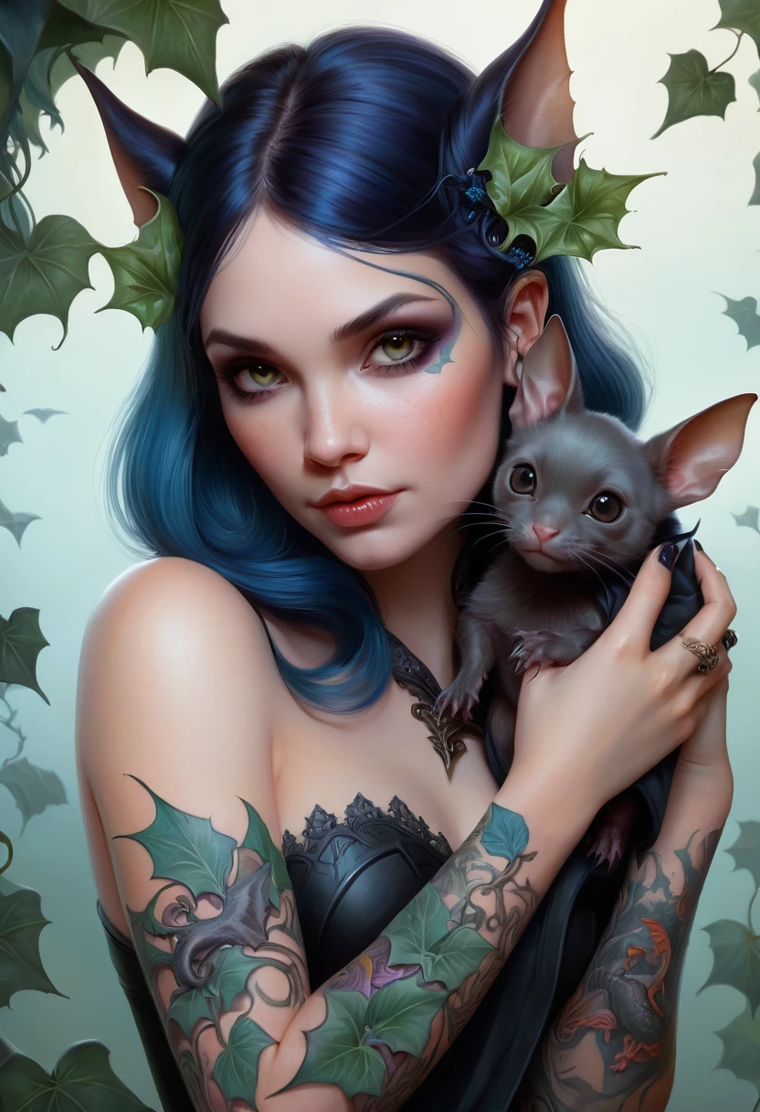 beautiful tattooed woman holding a cute bat, detail painting, cgsociety contest winner, fantasy, gothic, mystic, with ivy, 8 k detail fantasy, soft delicate dragon features, magali villeneuve and monet, artgerm and warren louw, furry pet, portrait dnd, beeple and jeremiah ketner, lilith, professional avatar photo