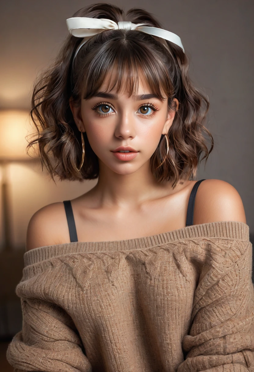 (best quality, 4k, highres, highres face details),18 yrs old, 1girl, solo, Instagram model, athletic figure, tan skin, perfect lips, fake lashes, modest bust size, deep cleavage, cute face, wearing an off the shoulder brown sweater, wearing jean shorts, brown hair, short curly hair, crossed bangs, brown eyes, constricted pupils, hair ribbon, hoop earrings, cinematic lighting, Ultra-Wide Angle, Canon, Hyperrealism, UHD, masterpiece, textured skin, high details, best quality, detailed eyes, detailed iris, full body image