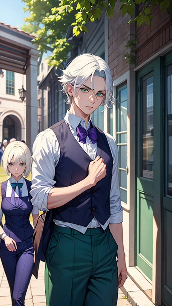 Make a boy with white hair and green eyes wearing a dark blue shirt and blue pants with a purple vest in front of a school with several girls admiring him 