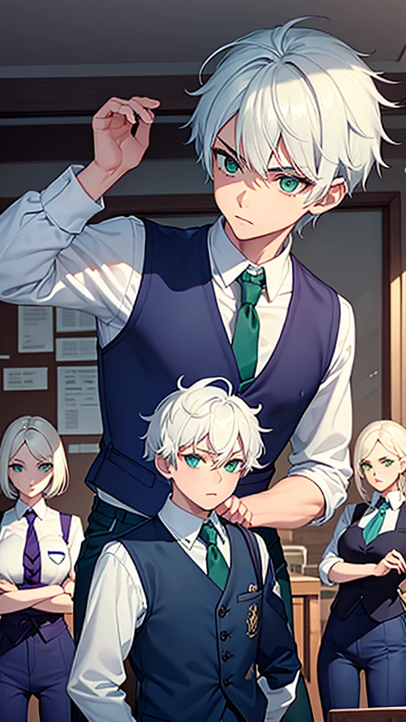 Make a boy with white hair and green eyes wearing a dark blue shirt and blue pants with a purple vest in front of a school with several girls admiring him 