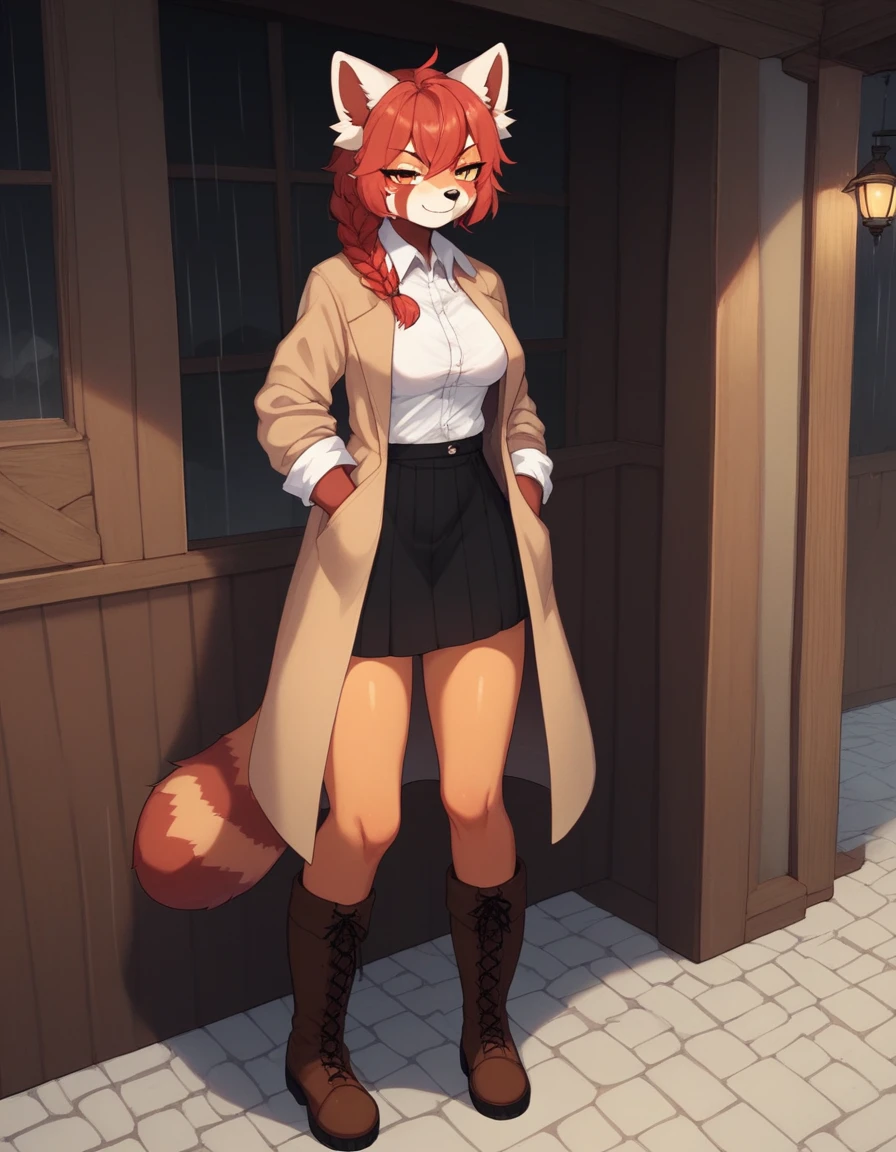 Solo, Score_9, score_8_up, score_7_up, kemono style, Kimiko, An Anthro furry red panda girl, red furry body, red panda tail, , black nose, red hair, braided hair, wearing over coat, long coat to shoes, knit sweater with breast window, rolled up sleeves, visible legs, long black skirt to knees, brown explorer boots, one hand in pocket, outdoors, rainy day, mid angle shot, looking towards view, smug smirk, majestic, in tavern, front view, leaning against wall, looking to side with head.