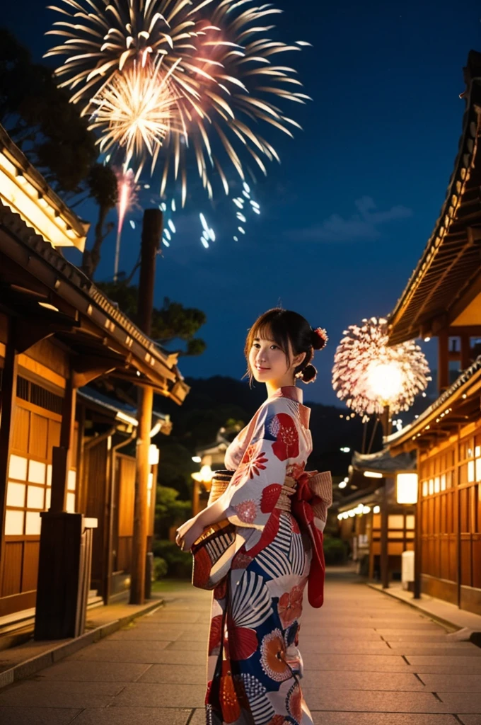 A woman wearing a yukata。Walking towards us while looking back at the shrine grounds。Lots of fireworks in the background