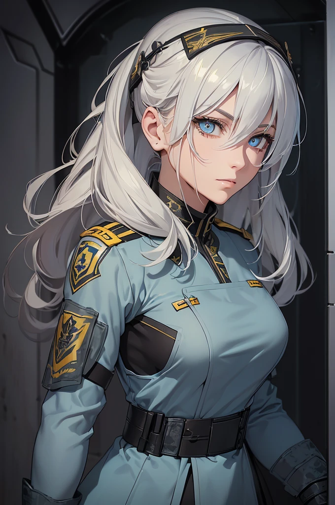 female soldier (masterpiece), best quality, yellow eyes, detailed light blue medium length hair, (((wearing a realistic and detailed soldier combat tactics uniform))) detailed perfect skin, intricate perfect beauty face, detailed sharp eyes, detailed eyes and pupils, (((from face to the waist))), (((beauty slim shape))), 4k, UHD