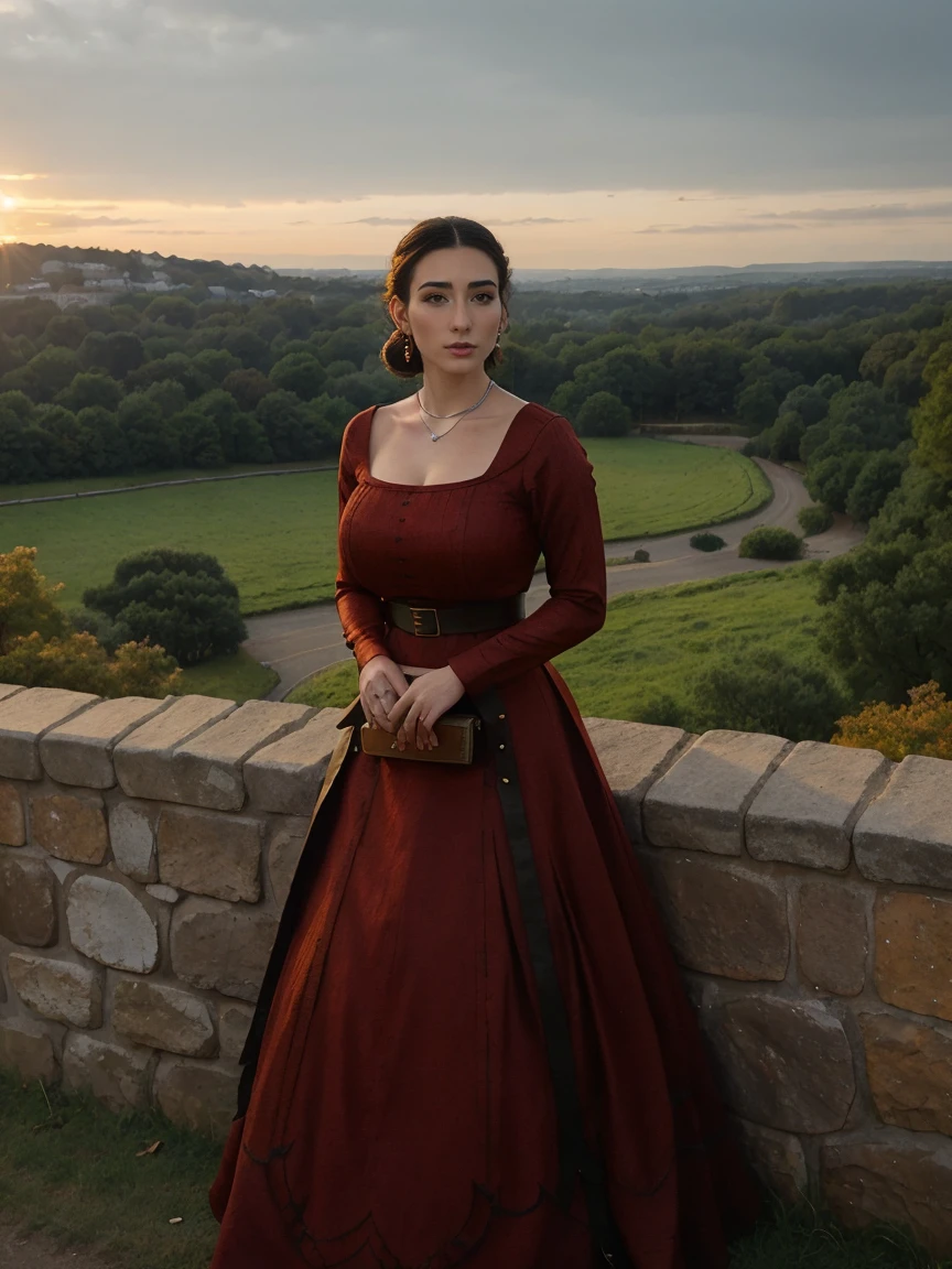 Gorgeous and sultry busty athletic (thin) brunette queen with sharp facial features wearing a modest updo, dark red medieval dress, long sleeves, intricate patterns, scrollwork, wide neck, crown, veil, long dress, modest dress, tight bodice, silver belt, (waist chain), medieval jewelry, Middle Ages, castle, rampart, wall, exterior, on top of a castle wall, trees, countryside, evening, sunset.