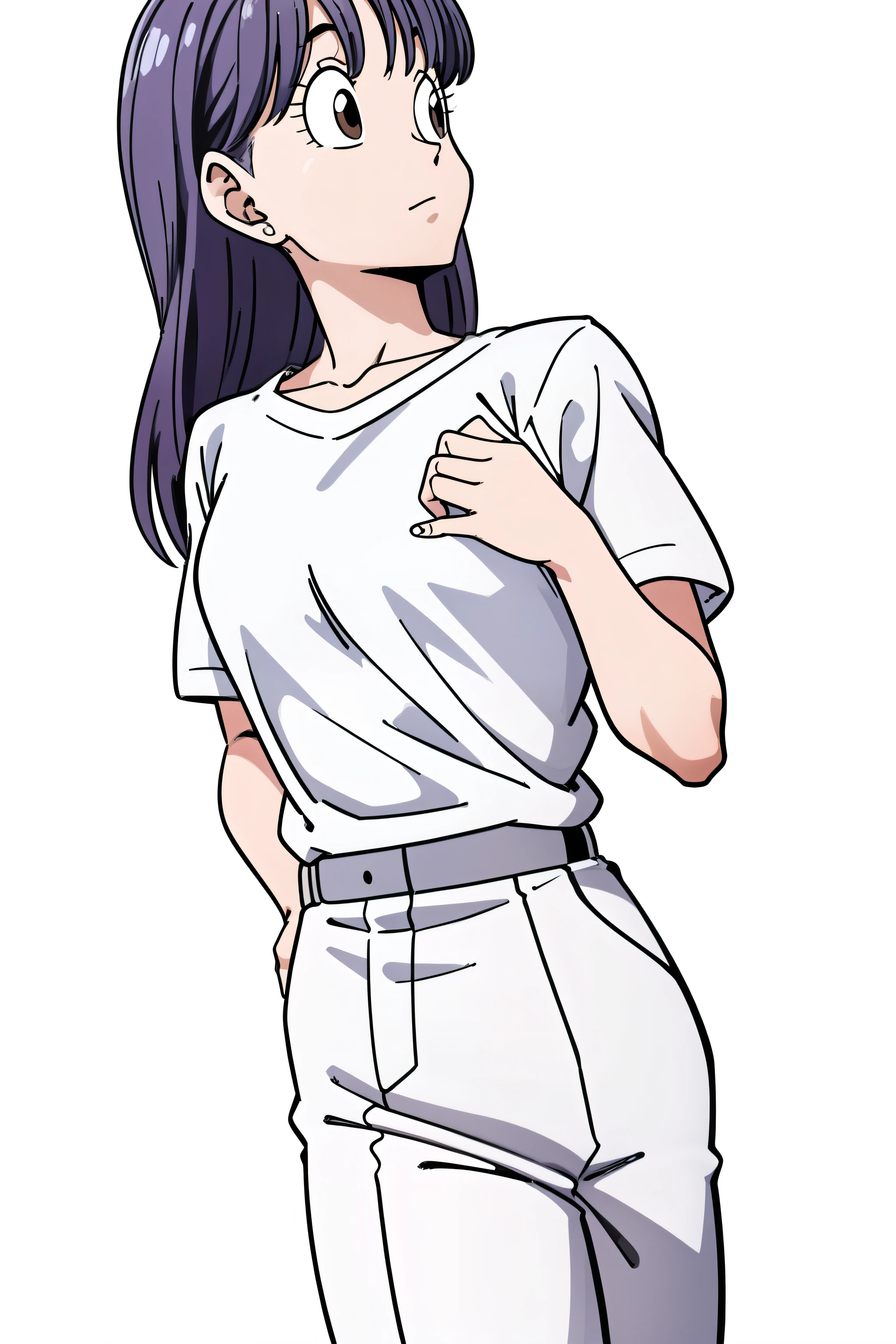 picture？聞こpictureない, Bloomers, Cell Saga, Semi-long hair, Purple Hair, Close-up, No bangs, Brown eyes, One girl, alone, Hands in the ears, Hands in the ears, White shirt, White pants, Baggy pants, From the side, Look to the side, Wind, eyelash, From the chest up, Raise your eyebrows, Listen carefully, White background,