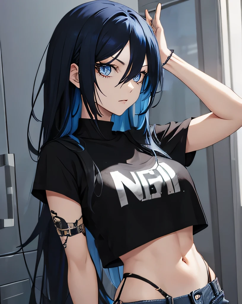 Woman, black and blue hair, mid-twenties, blue eyes, long hair, emo style, crop top, jeans