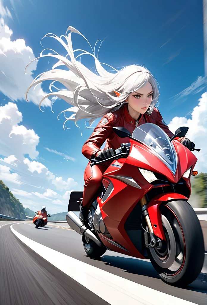 Ultra-realism、“A stunning elven woman with long silver hair, some strands of hair floating behind her helmet, wearing a red leather jacket suit, riding a large motorcycle, speeding down a highway, with a blue sky and white clouds overhead, in a dynamic, cinematic scene with high resolution.”