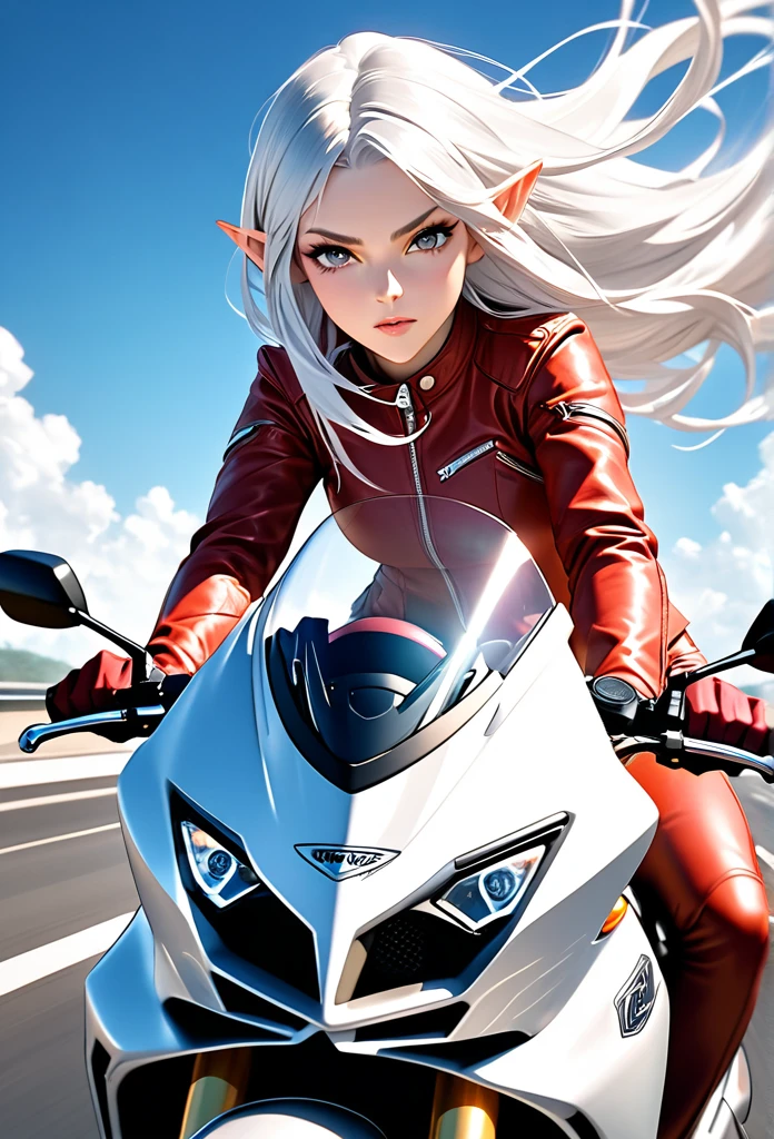 Ultra-realism、“A stunning elven woman with long silver hair, some strands of hair floating behind her helmet, wearing a red leather jacket suit, riding a large motorcycle, speeding down a highway, with a blue sky and white clouds overhead, in a dynamic, cinematic scene with high resolution.”
