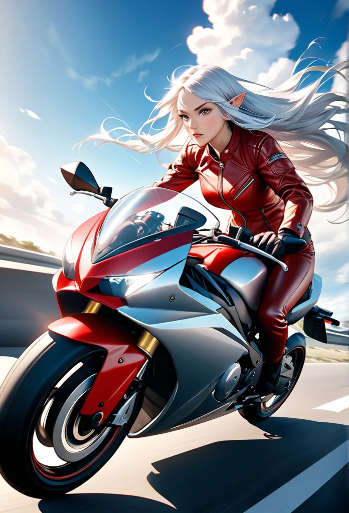 Ultra-realism、“A stunning elven woman with long silver hair, some strands of hair floating behind her helmet, wearing a red leather jacket suit, riding a large motorcycle, speeding down a highway, with a blue sky and white clouds overhead, in a dynamic, cinematic scene with high resolution.”