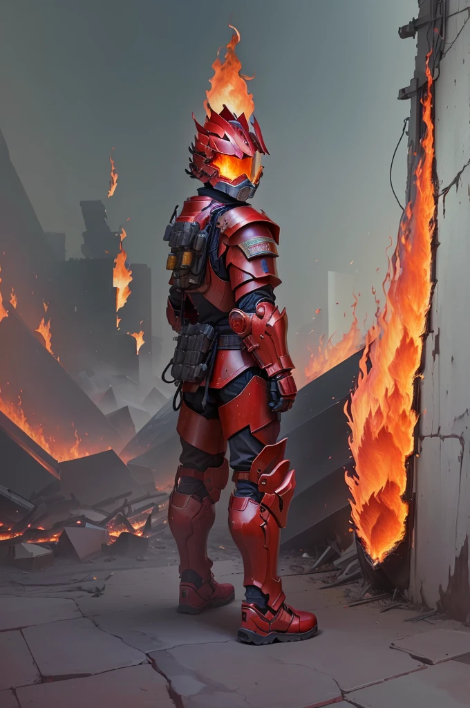 cartoon of a man in a fire Armor standing in front of a fire, full dress of fire Armor, black fire color reflected armor, red demon armor, fire mage, classic looking armor, flame armor, fire armor, burnt armor, flame armored, deep pyro colors, pyromancer, demon armor, blood red armor, face hidden by armor helmet, full red fire armor