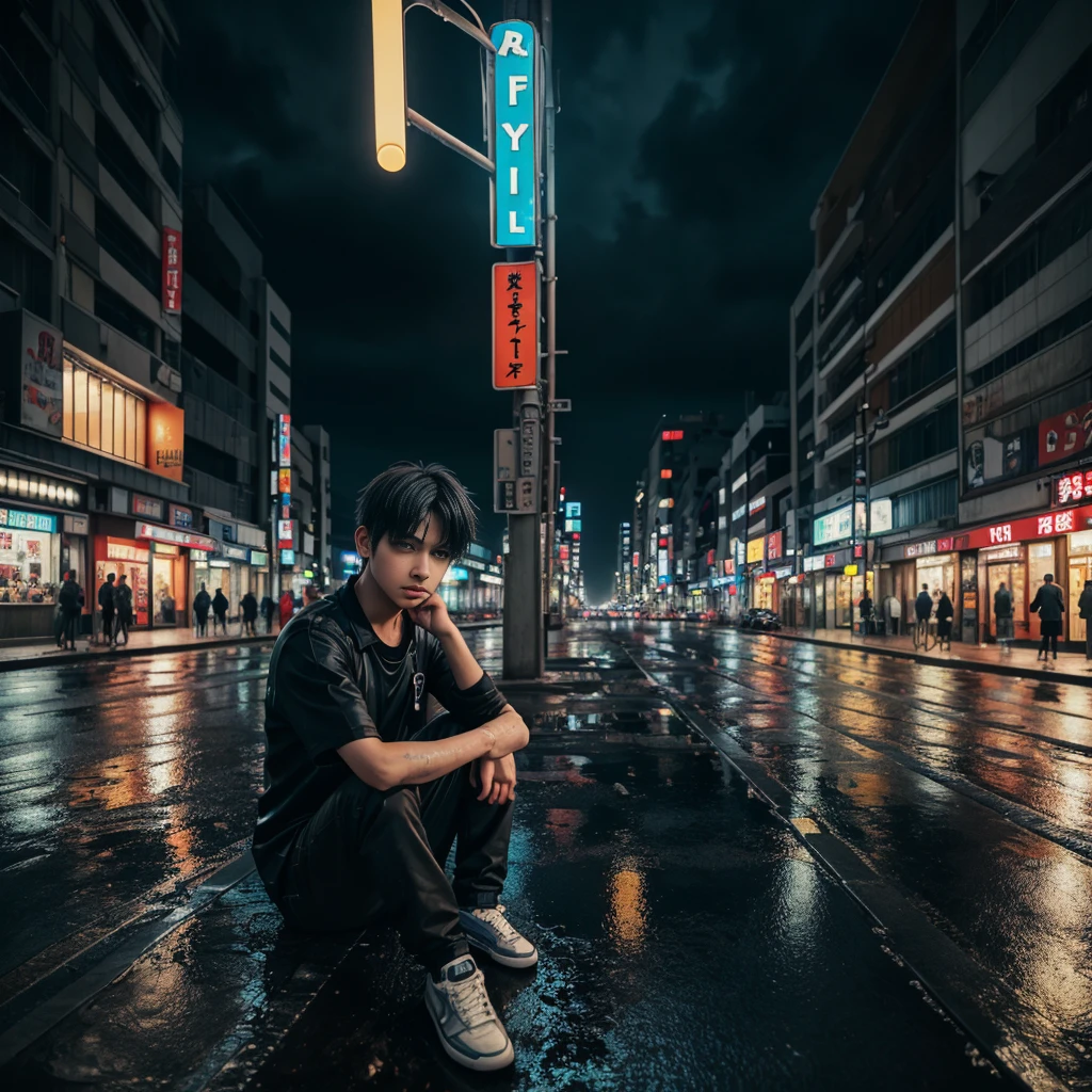 1boy,sad expression,sitting under streetlight,city at night,tokyo cityscape,anime style,neon lights,rainy weather,puddles,detailed face,emotional,cinematic lighting,moody atmosphere,hyper detailed,vibrant colors,dramatic shadows,photorealistic,8k,masterpiece
