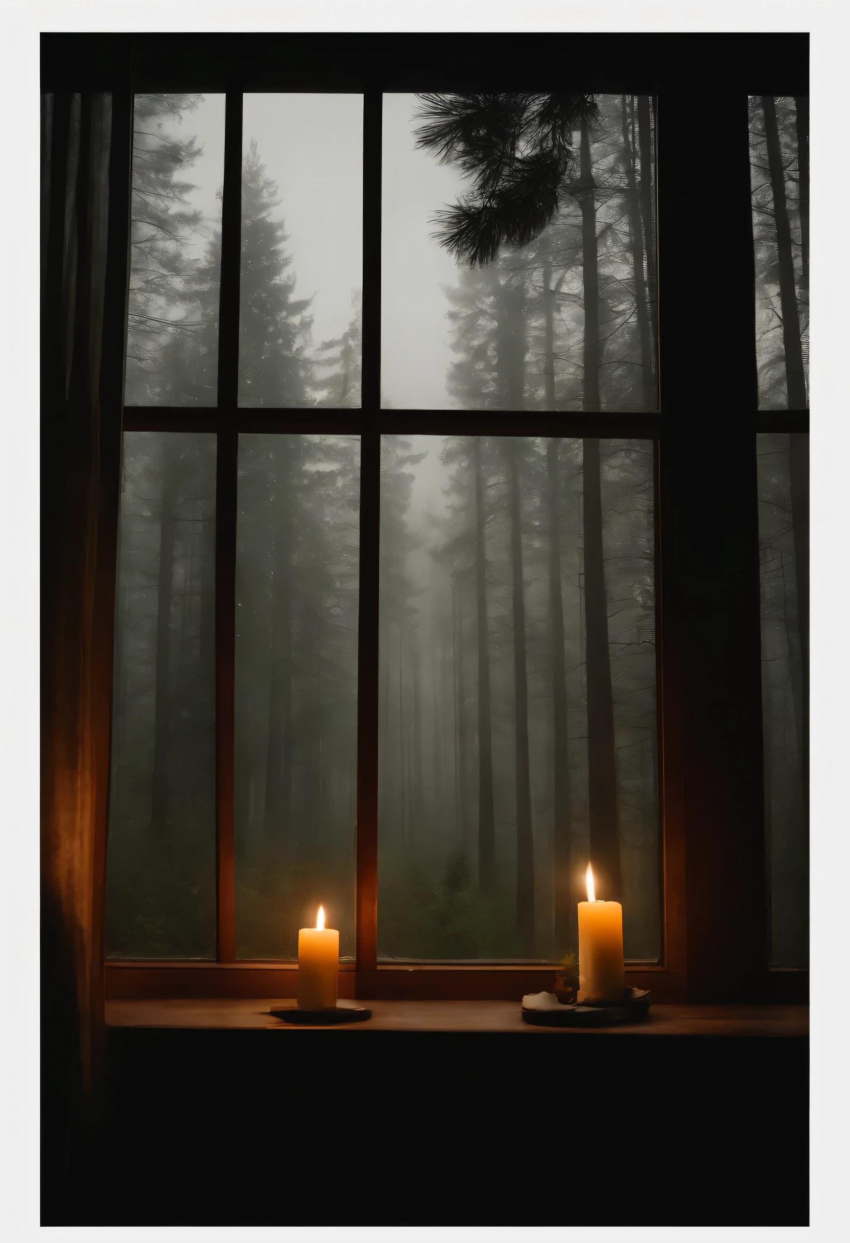 (masterpiece, bestquality),Bedroom with Pine Forest View,Outside the window,It's raining,Fog,candle lit, forests,warm,