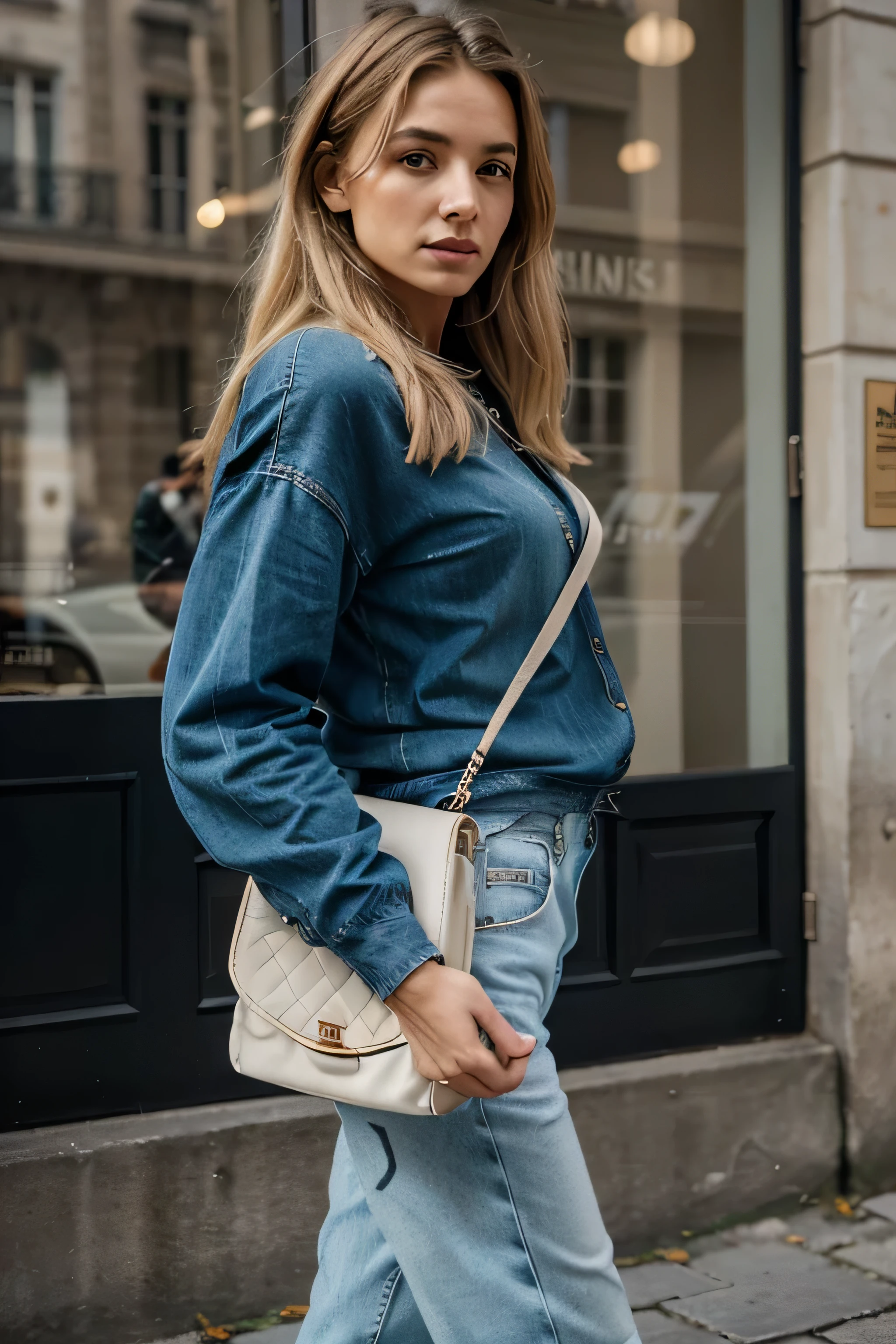 ((Tir lointain)) influenceuse blonde aux longs cheveux naturels ondulés,Combinez des éléments streetwear classiques, Comme des baskets, Sweats ou jeans avec accessoires de haute qualité, comme un sac de créateur ou une montre de luxe, pour créer un look moderne et élégant, extravagant , 8k, extrêmement détaillé, photoréaliste, détails complexes, texture de peau réaliste, cheveux réalistes, texture, heureux, 8k euh, meilleure qualité, haute résolution, Attention aux détails, très grand , Tir lointain, grand angle