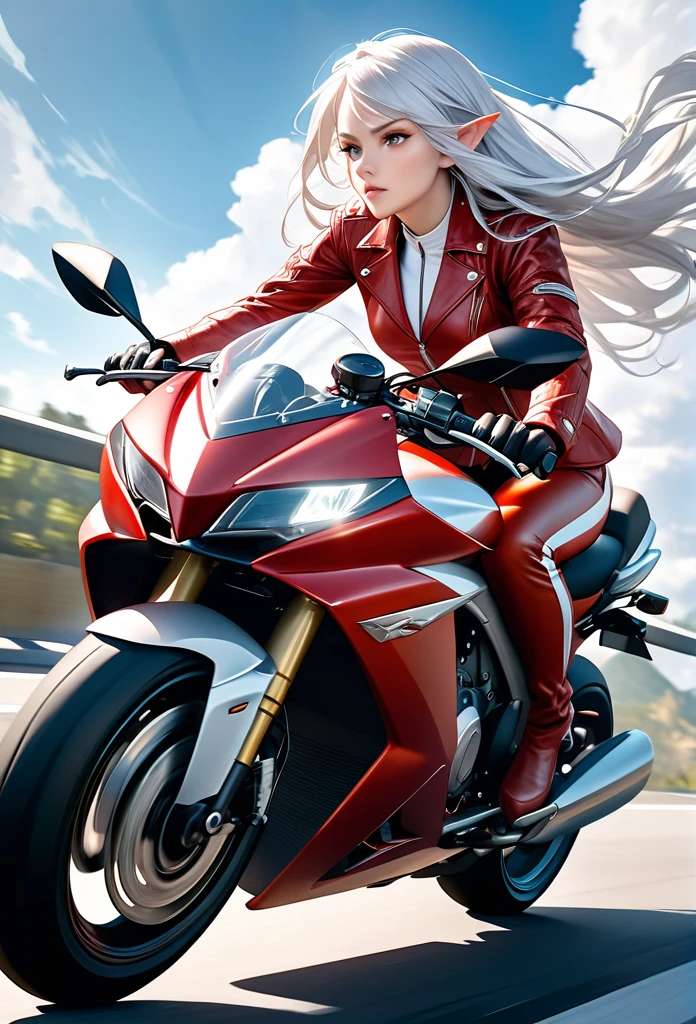 Ultra-realism、“A stunning elven woman with long silver hair, some strands of hair floating behind her helmet, wearing a red leather jacket suit, riding a large motorcycle, speeding down a highway, with a blue sky and white clouds overhead, in a dynamic, cinematic scene with high resolution.”
