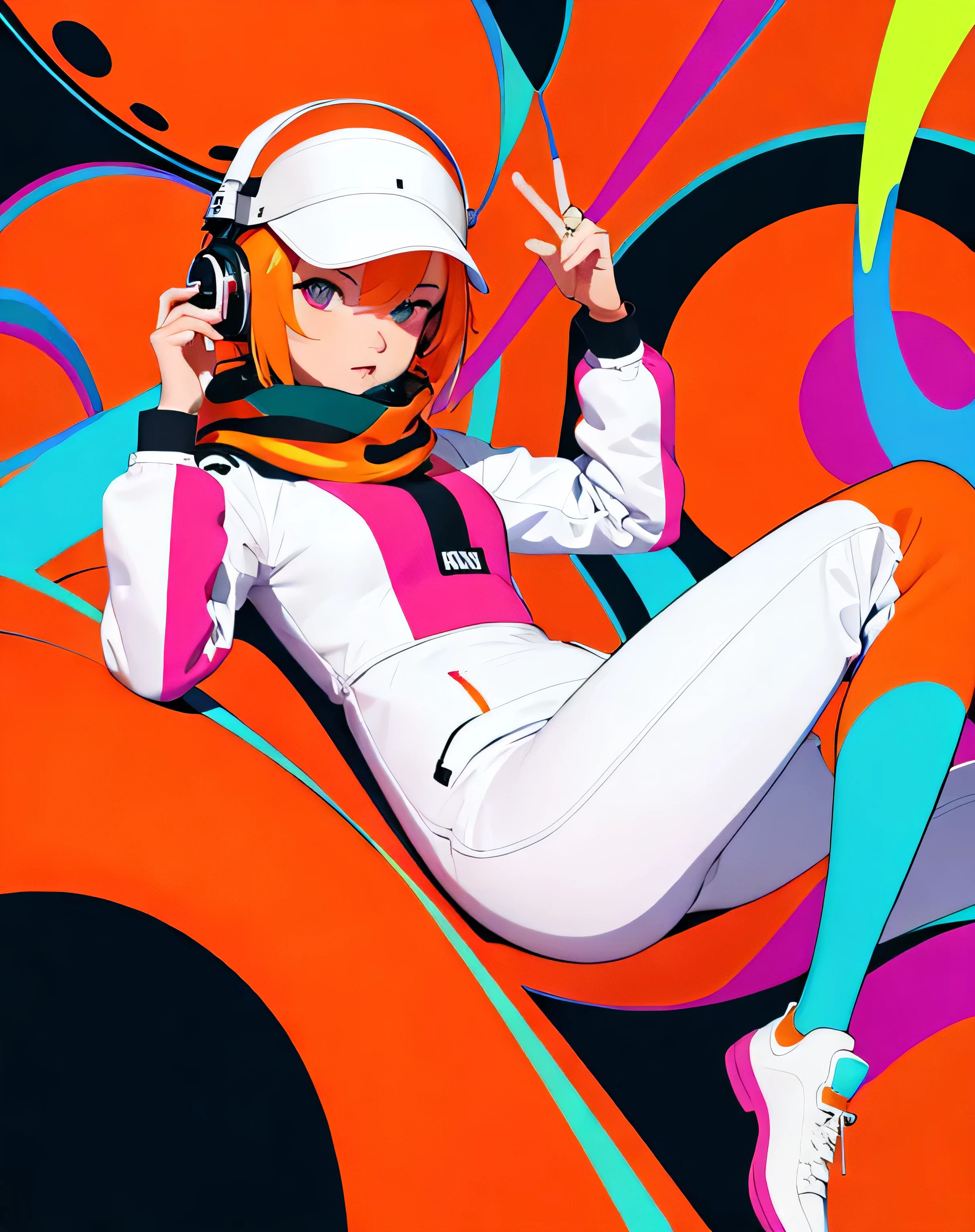 (Very detailed,Ultra-high resolution,Detailed Background),((2D)),((Flat Color)),((Calm colors)),((Floating Neon)),One Girl,alone,View your viewers, break, orange, Spray paint, graffiti, Girl in a white space suit with a helmet, Plush scarf, Full body image, female, anatomically perfect face, Focus on the face, Modern Style,artistic,mobile composition,Unique Pattern,Bold Texture,colorful,Imaginative,Whimsical,Vibrant,like々Shii,Playful,Vibrant,creative,Expressive,stylish,tendency,Eating pizza、Coca-Cola Poster,Headphones,