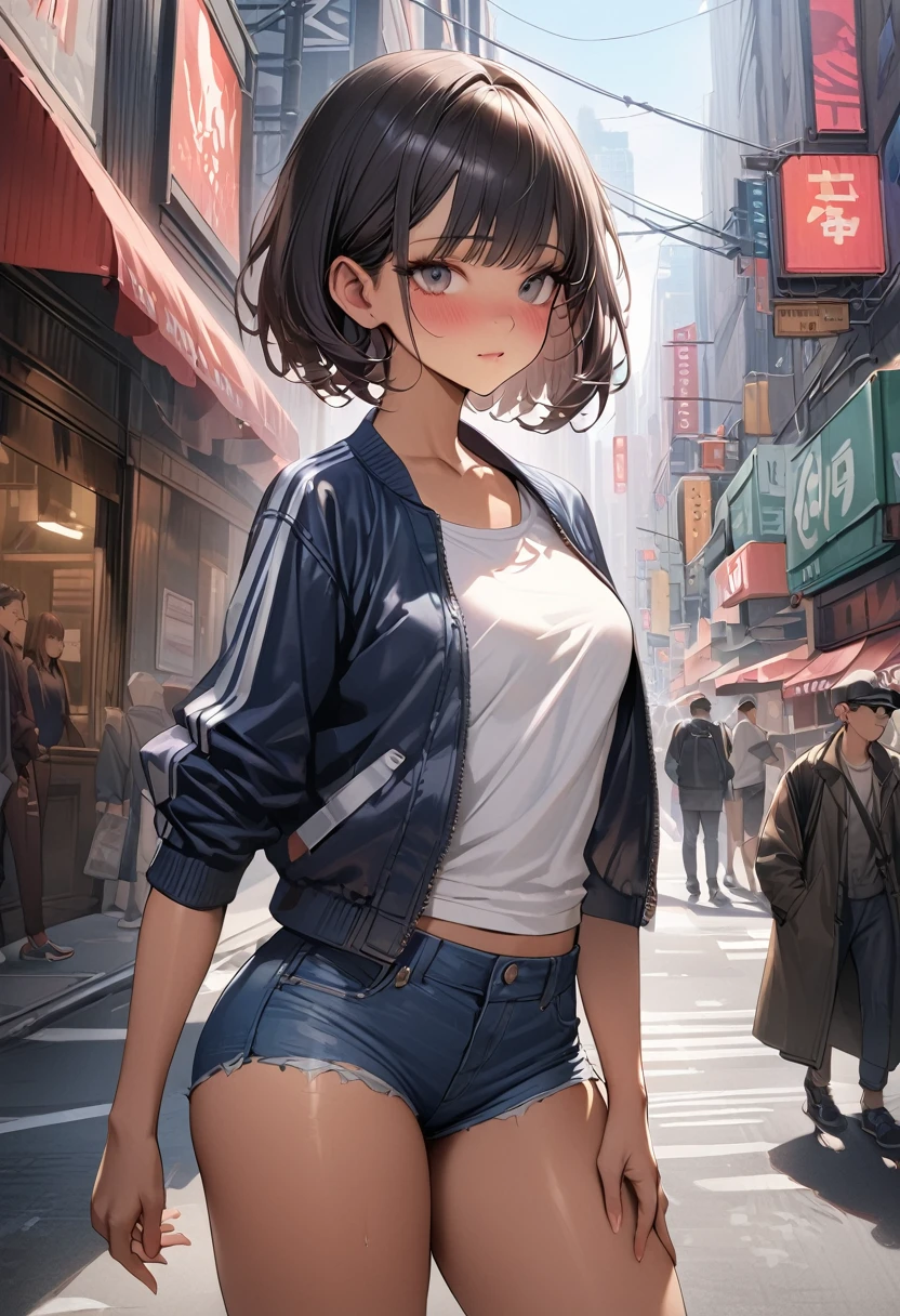 ((masterpiece,Highest quality:1.3,best quality illustration)),(realistic:1.2)、cowboy shot,独奏,1woman,(Mature Beauty),black hair,(very short bob hair),bangs,black eyes,(gorgeous big eyes),(very small head),blush,(very long body,skinny,slender body,tan skin),((Navy blue baseball jacket)),small breasts,gleaming skin,oily skin,denim micro shorts,Wearing a white tank top and a blouson,on street,New York City、