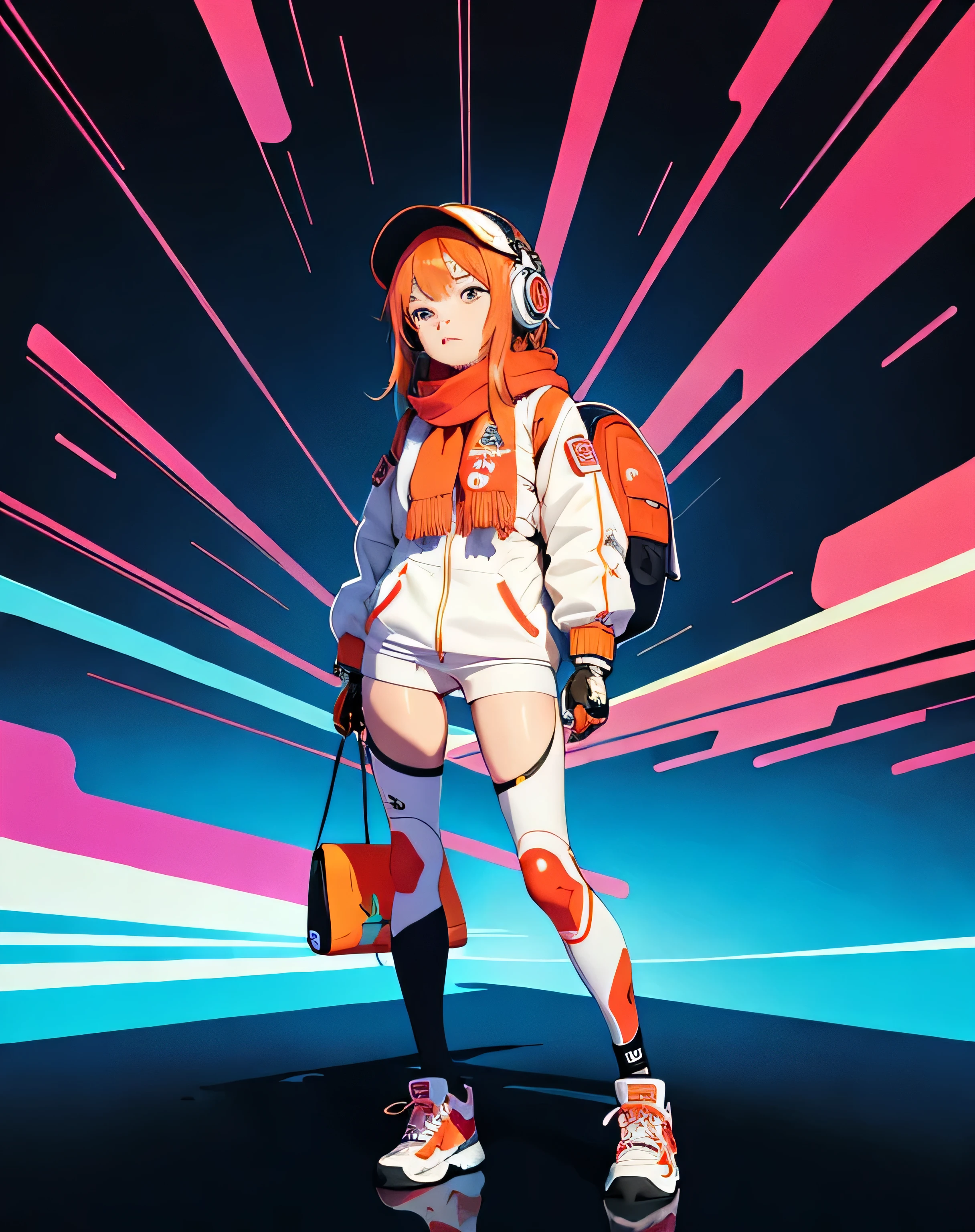 (Very detailed,Ultra-high resolution,Detailed Background),((2D)),((Flat Color)),((Calm colors)),((Floating Neon)),One Girl,alone,View your viewers, break, orange, Spray paint, graffiti, Girl in a white space suit with a helmet, Plush scarf, Full body image, Adult female, anatomically perfect face, Focus on the face, Modern Style,artistic,mobile composition,Unique Pattern,Bold Texture,colorful,Imaginative,Whimsical,Vibrant,like々Shii,Playful,Vibrant,creative,Expressive,stylish,tendency,Eating pizza、Coca-Cola Poster,Headphones,