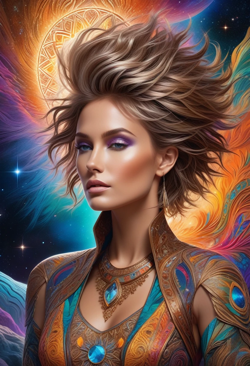(masterpiece:1.4, best quality), (intricate details), unity 8k wallpaper, ultra detailed, award-winning painting, (visually stunning:1.4), ethereal figure, otherworldly subjects, spiked hair, short hair, light brown, (style of Christian Ward:1.3), vivid hues, (bold use of colors:1.1), intricate patterns, fusion of traditional and digital techniques, cosmic landscapes