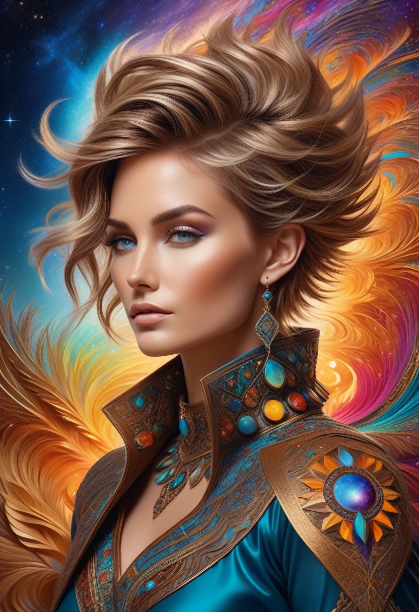 (masterpiece:1.4, best quality), (intricate details), unity 8k wallpaper, ultra detailed, award-winning painting, (visually stunning:1.4), ethereal figure, otherworldly subjects, spiked hair, short hair, light brown, (style of Christian Ward:1.3), vivid hues, (bold use of colors:1.1), intricate patterns, fusion of traditional and digital techniques, cosmic landscapes