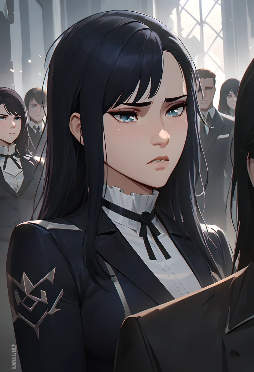 (masterpiece high quality) Arcane, caitlyn, black hair, 1girl, 独奏, long hair, bangs, black attire, funeral, sad, messy hair, suit a drawing of a woman with black hair and a white shirt, nico robin, style of charlie bowater, in style of charlie bowater, arte do personagem Charlie Bowater, badass pose, anime style character, joao ruas, inspired by Li Shida, highly detailed exquisite fanart, neoartcore e charlie bowater, made with anime painter studio, high quality fanart
