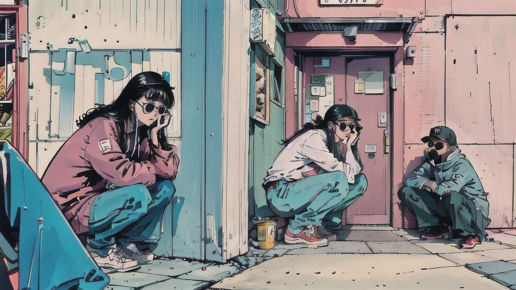 One beautiful woman、cool、Wearing sunglasses、Squatting on a street corner、Wearing cool sneakers