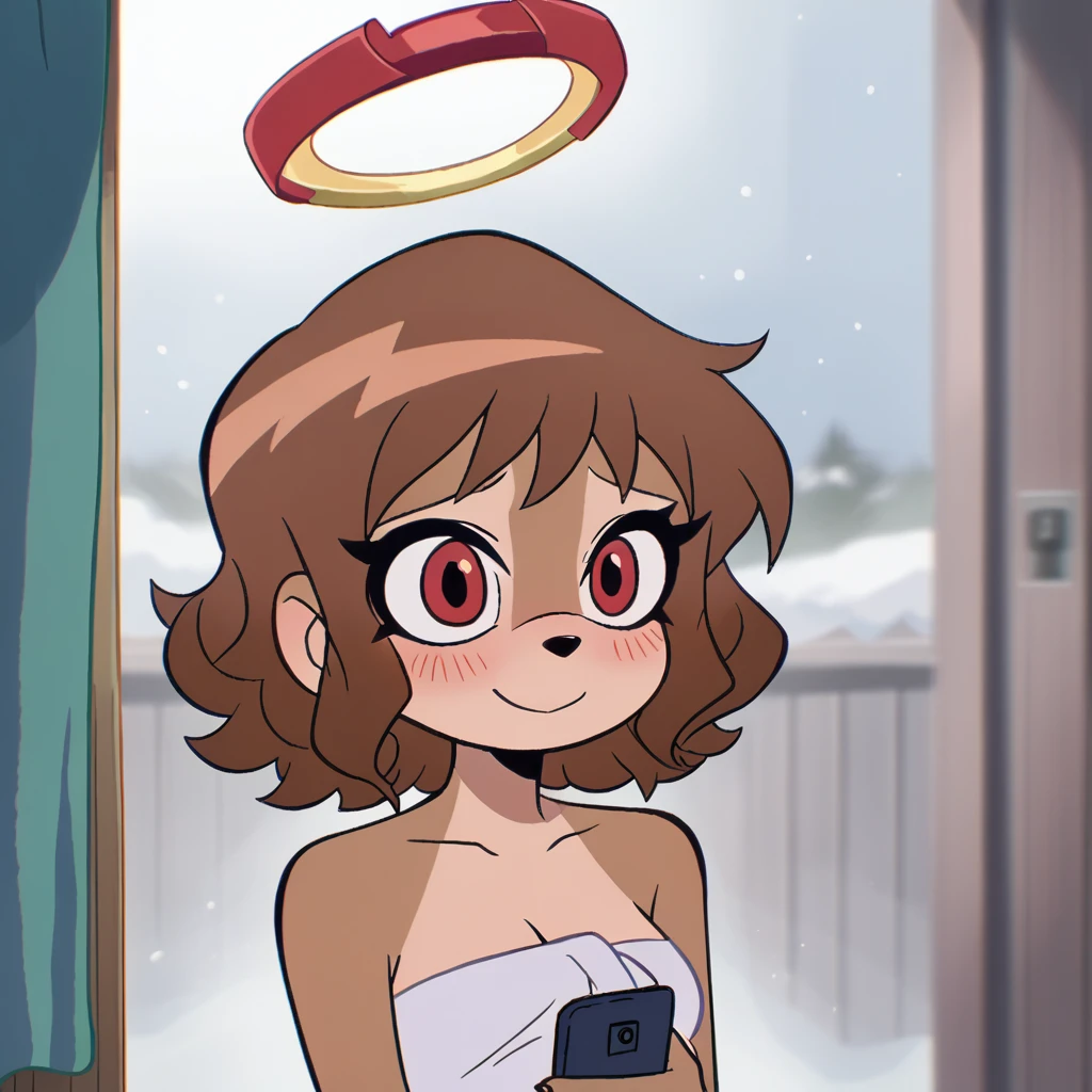 score_9, score_8_up, mobian, hedgehog, two-tone fur ((orange fur, brown fur)), wrapped in towel, medium breasts, two-tone hair (brown hair, black tip)), curly hair, halo, red eyes, longeyelashes, red eyes, smile, shy, blush, holding phone
