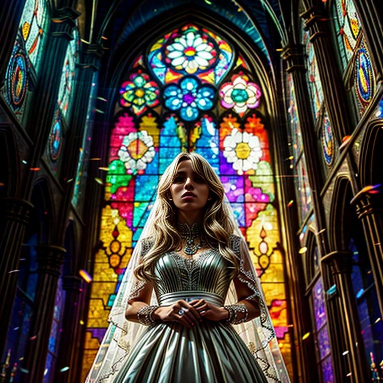 (Cathedral from below:1.28) (ZoomLayer) TopQuality 8K masterpiece of ((Professional photo)), (((Clarisse de Cagliostro))) (Detailed White WeddingDresses), Chain, (((Extremely detailed KAWAII face))) {((VeiledFace))|BlondeHair|(Elaborate BuleEyes)with(SparklingHighlights:1.28)}, The background is distant (((Elaborate stained glass))) Rainbow Glass, {(MysticSight)|EnchantingAtmosphere|Haze|(GodRays)|TyndallEffect}, Radiant PearlSkin with Transparency, (Exposed:0.39)