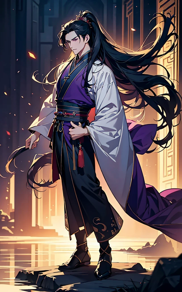 standing , full body , toe,whole body,Chinese Fantasy,30th Generation,Long Hair,male,((high quality)),最high quality at best, Ultra-high resolution, (((male1名))), (Long black hair), (Purple eyes), (Chinese clothing), (Purple clothes) ,(focus), (((colorful))), Particle Effects , masterpiece, 最high quality at best, Beautifully drawn, Meticulous, Very detailed, (masterpiece, 最high quality at best） CG integrated 8K wallpaper，, masterpiece，最high quality，Super detailed）, Super HD quality,((Dynamic composition))