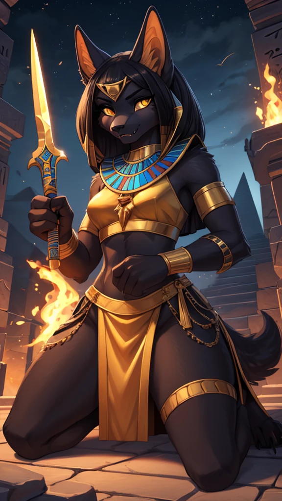 best quality masterpiece, the best definition to add aesthetic and lighting detalles Black girl jackal, egyptian clothing, teen girl, ,black body, ( the best definition in the body, good attributes, stylized body, slanted eyes, sensual look) egypt landscape, golden tattoo body, sensual eyes, yellow pupil, He has 2 kunai in his hands., battle pose, background fire add_detalle Ferocious fangs, sharp fangs, wild sharp claws, angried, hitting with his fist and destroying a pyramid add_detail female godness, killing a human who is kneeling in front of her with a dagger, human kneeling venerating her