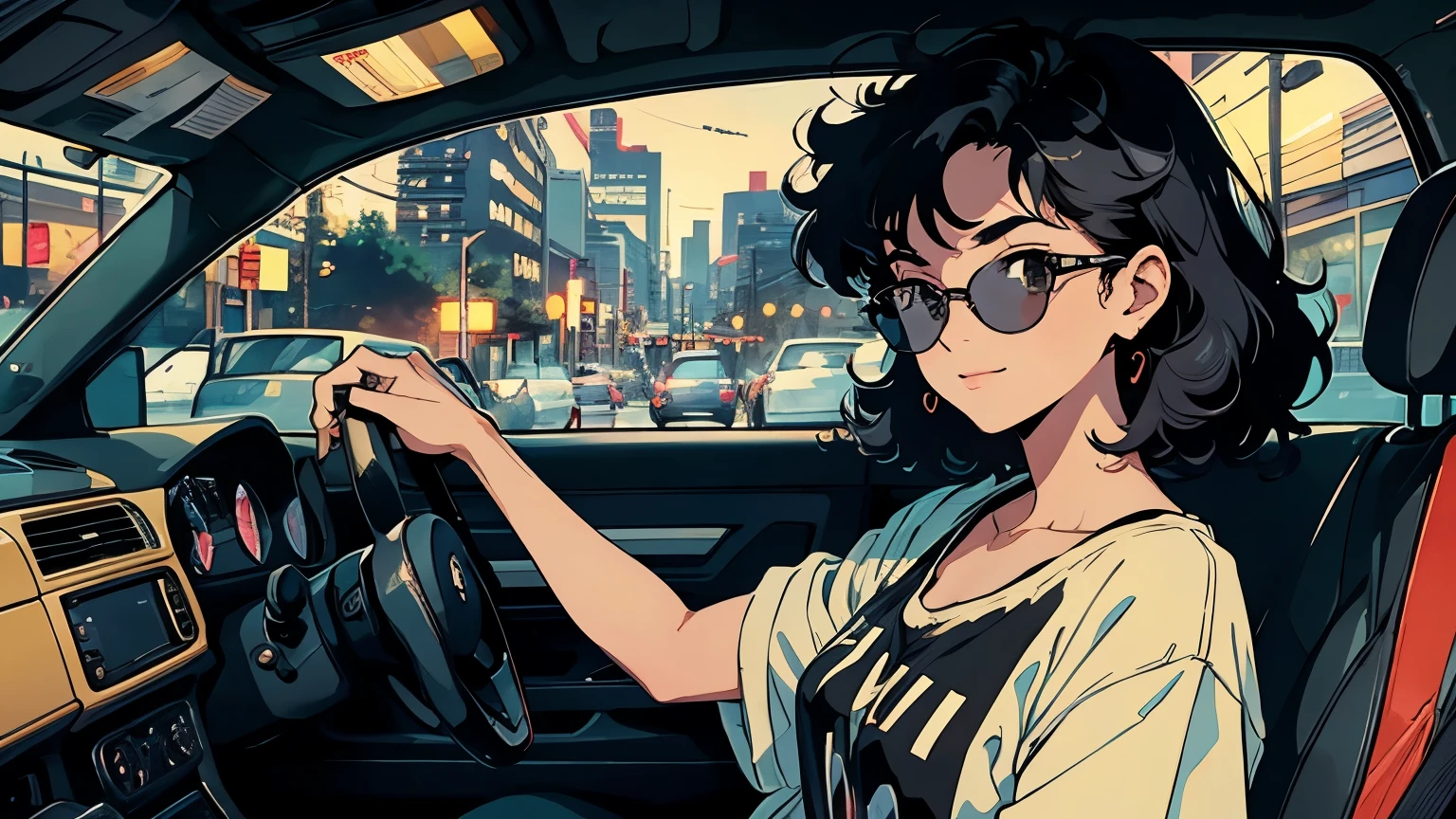 A '90s animated poster girl drives through the midnight cityscape with the steering wheel in a car! The girl with short, curly, messy black hair wears a bright yellow V-neck T-shirt that highlights her toned collarbone. She has a sneaky smile on her face, sports sunglasses, and bold black eyes. Framed into a car window, she holds the handle with one hand while looking at the city light in the shade. The warm streetlight casts a natural shadow over her face as she drives under the starry midnight sky.