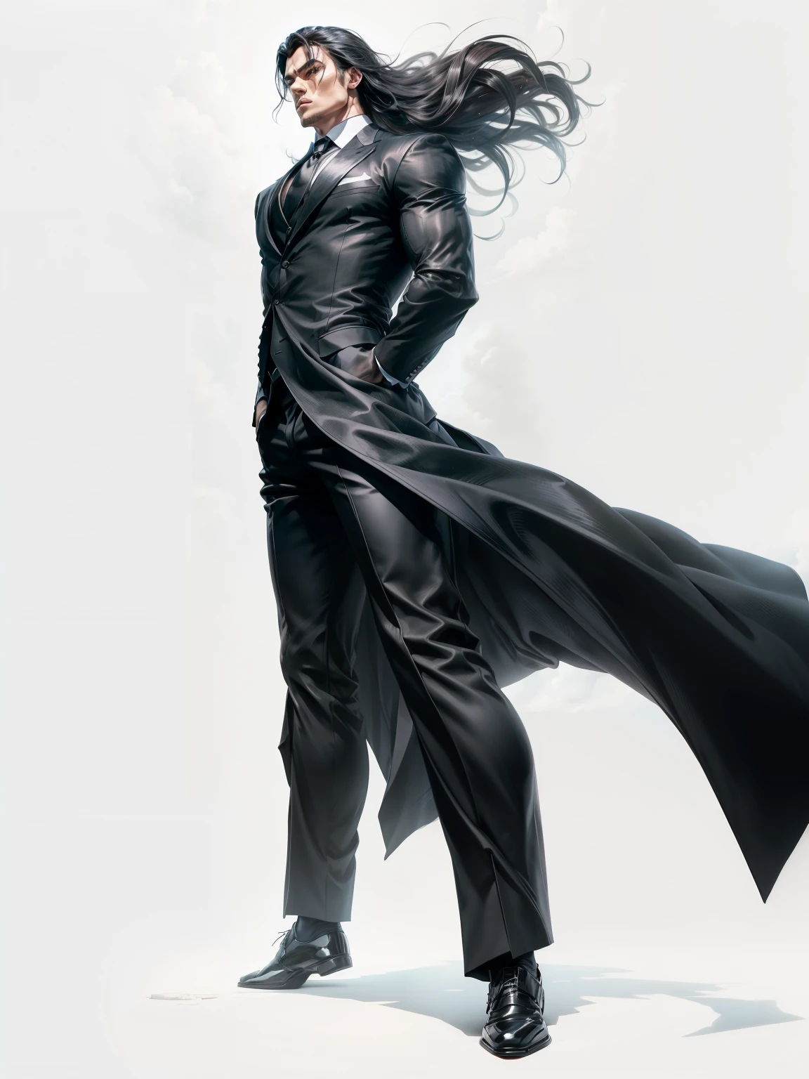 Solo, 1 man, Serious face, ((muscular)), wearing black long suits, ((black ties)) black pants, black hair, (((hand behinds back))), levitate on sky, blue sky, cloud