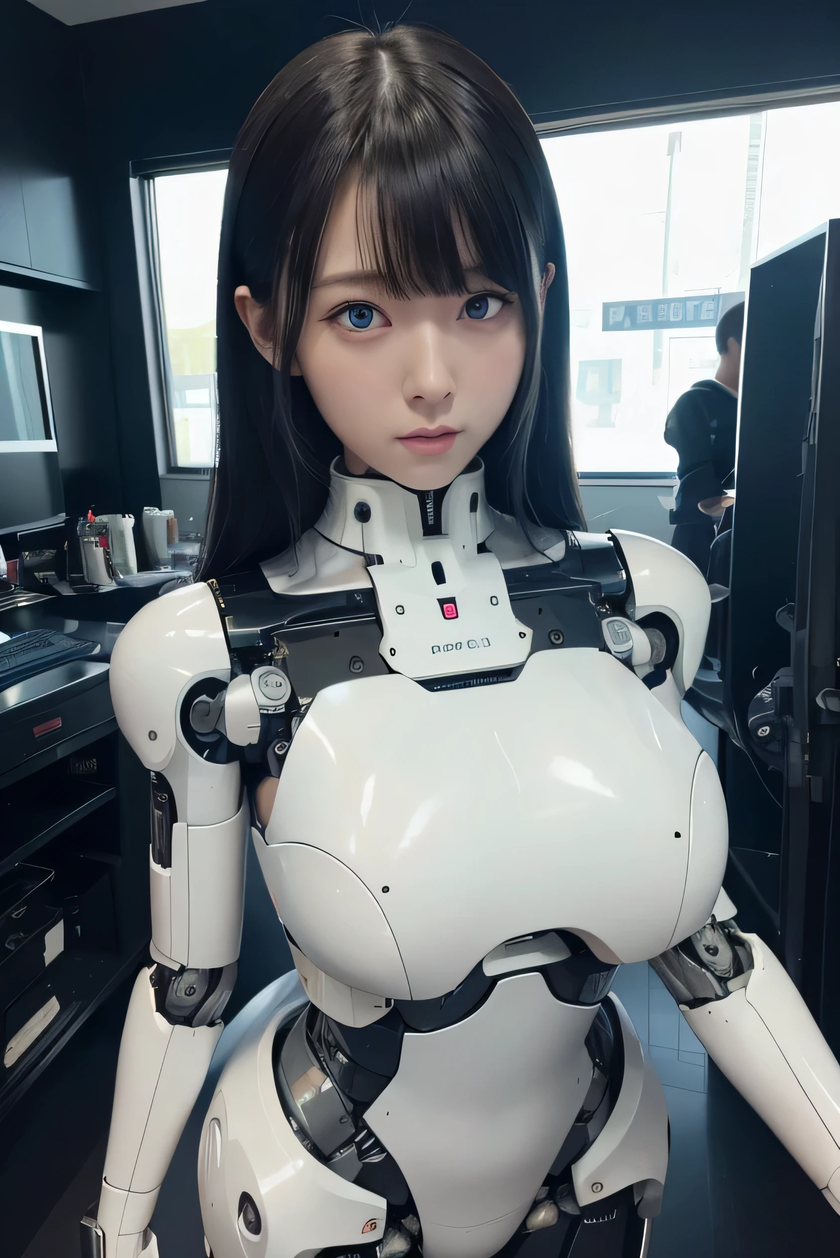 masterpiece, best quality, extremely detailed, 8K portrait,1girl in, Japaese android girl,android teacher,Plump , control panels,android,Droid,Mechanical Hand, ,Robot arms and legs, Black hair,Mechanical body,Blunt bangs,White Robotics Parts,perfect robot woman,Charging spot,perfect mechanical body,white robotics body,android assembly plant,white body,She has repaired,black sponge joints,android,laboratory,perfect machine body,white robot body,blue eyes