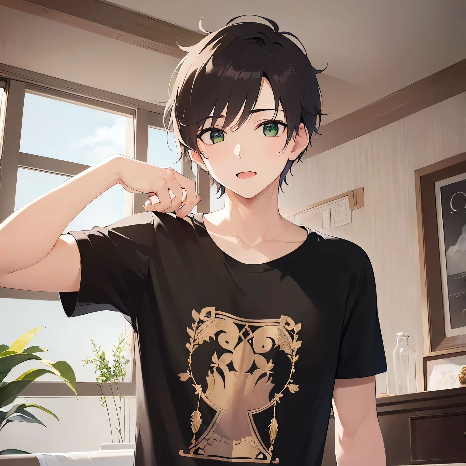 masterpiece,Highest quality,(27-year-old male:1.5)and(Brown short hair)and(Green Eyes),BREAK(Black T-shirt:1.5)BREAK,The background is the living room of the house,alone,(flabbergasted:1.3),arm behind head