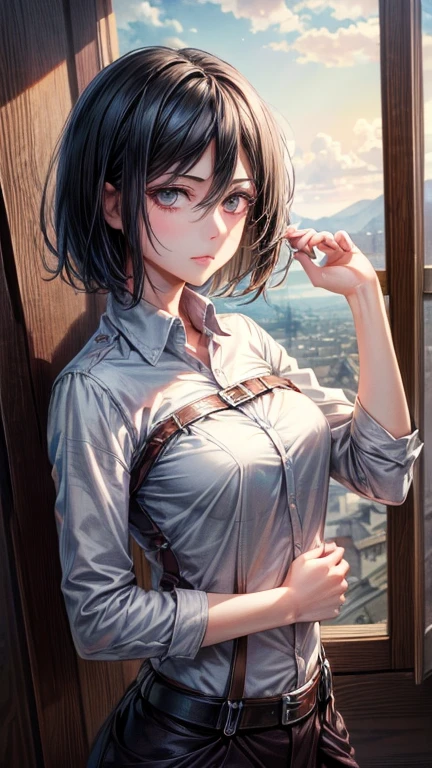 ((Highest quality))、((masterpiece))、(detailed)、((Anatomically correct))、(High resolution、8k)、One Woman、(Mikasa Ackerman)、cowboy shot、(Beautiful Skin:1.1)、bangs、Short Hair、Black Hair、(Beautiful eyes:1.2)、Double eyelids、Cinema Lighting