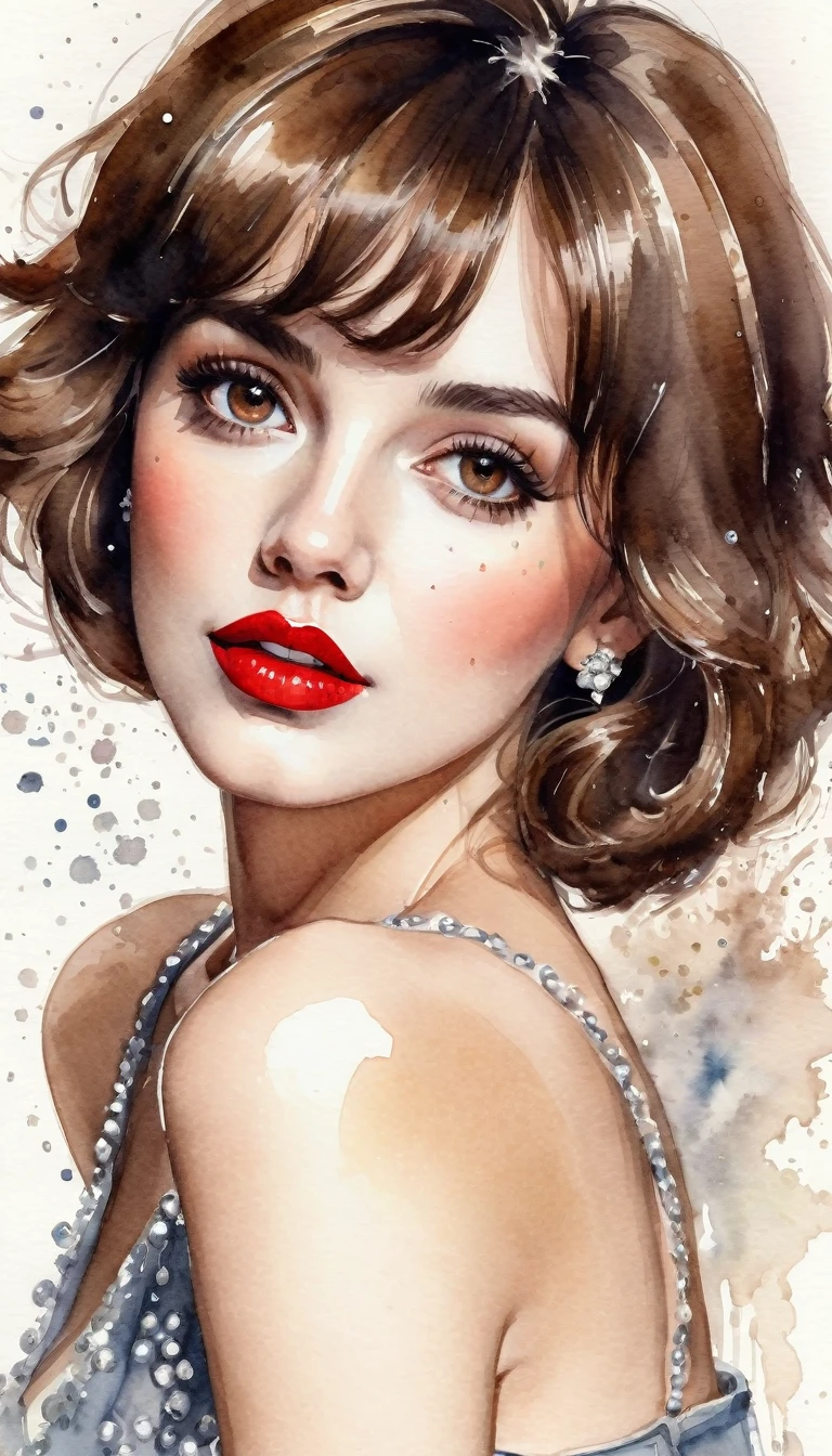 portrait of a beautiful fashion housewife, watercolor sketch, red lips in kiss, big brown eyes, short brown hair, diamonds sparkles and splashes, volume shadows, extra detailed, high quality