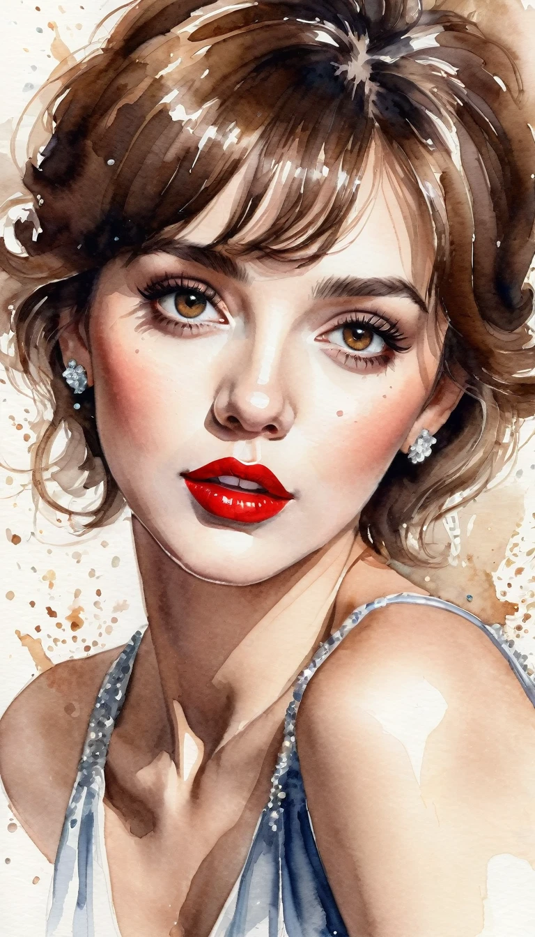 portrait of a beautiful fashion housewife, watercolor sketch, red lips in kiss, big brown eyes, short brown hair, diamonds sparkles and splashes, volume shadows, extra detailed, high quality